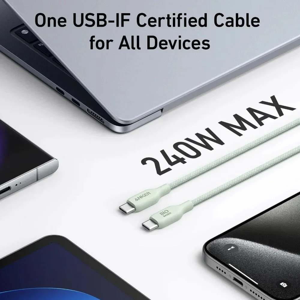 Anker 543 USB-C to USB-C Cable 6ft (Bio-Braided), Buds Green - 240W / NIB